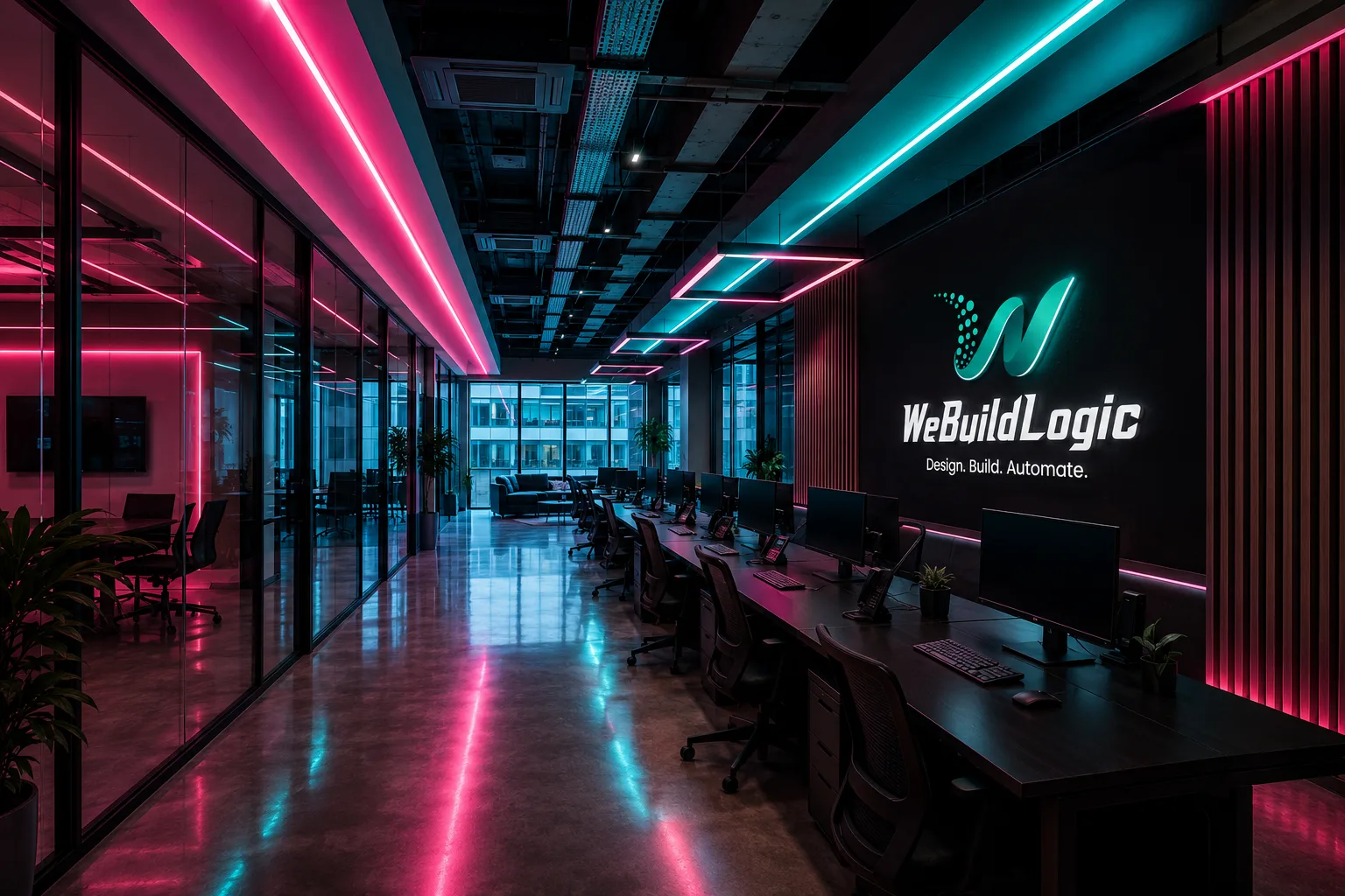 Modern technology workspace with vibrant neon lighting